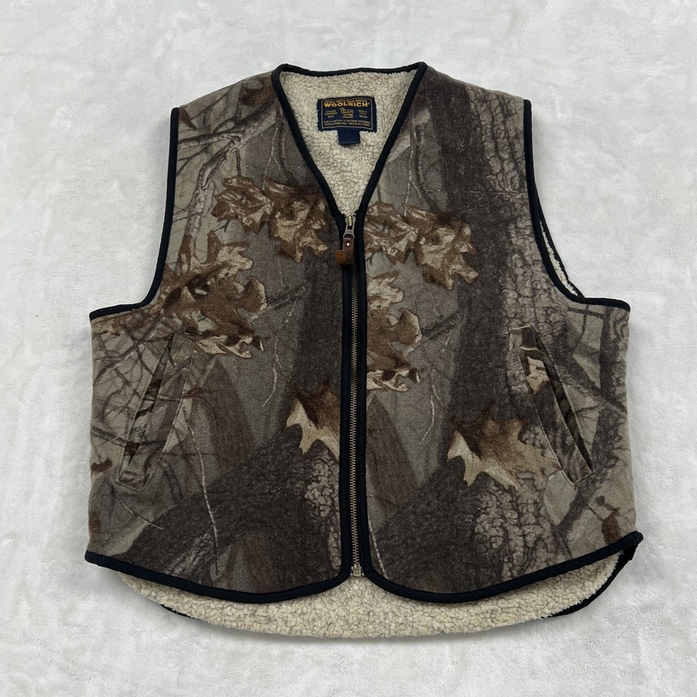 Woolrich Vest Mens M Brown Real Tree Camo Sherpa Lined Full Zip Fleece V-Neck